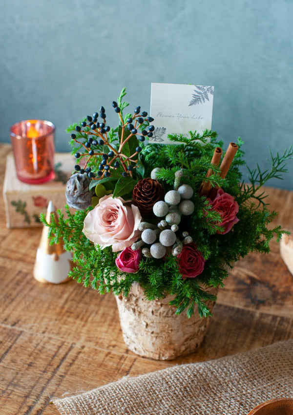 【おしゃれなお飾りセット】Christmas Special Set S クリスマスアレンジメント「birch round」 <roses>【クリスマス限定】