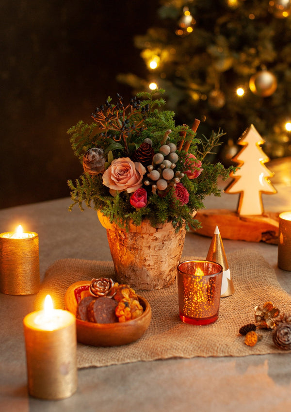 【おしゃれなお飾りセット】Christmas Special Set S クリスマスアレンジメント「birch round」 <roses>【クリスマス限定】