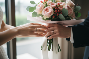 Close-up of hands exchanging the bouquet (Japanese couple). Subtle wedding rings. Bouquet: nuanced pink roses (standard + spray) with silver-green eucalyptus-like foliage and seasonal berries, wrapped in pale pink tissue with a subtle ribbon. Natural window light only, soft shadows, subtle film grain, no retouching, accurate fingers, no text.URL
https://youkaen-store.com/collections/season_aisai/products/standard_bouquet_pink_012