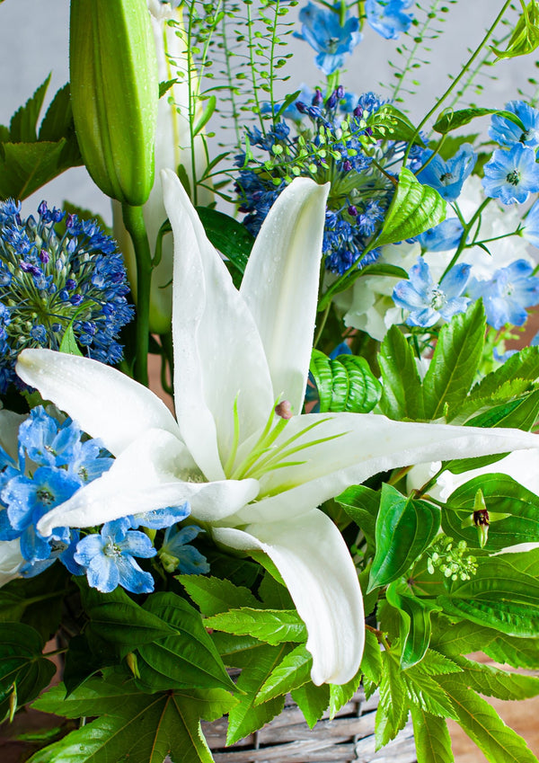 【おしゃれなお供え花】ブルーホワイトのお供え花のアレンジメント【アレンジメント】 - &YOUKAEN (アンドユーカエン)