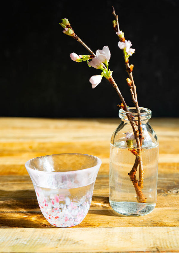 【予約販売 シェア花見】桜の枝70cm4本 × 津軽びいどろの「桜グラス」1個